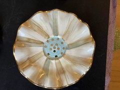 (4pc) Rare Mackenzie Childs Parchment Check Ceramic Fluted Saucers W/ Gold Dots