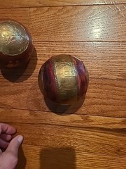 (2) Vintage Decorative Balls Brown Wood Sphere Embossing Brass Metal Inlay
