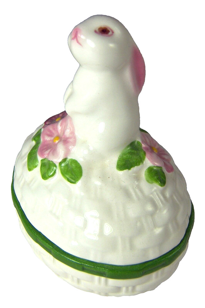 Trinket Box Bunny Rabbit on Egg Basket by Avon Hand Painted in Brazil Weiss 1982
