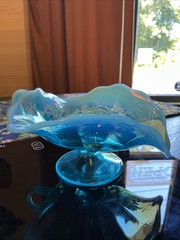 Antique 7” Dugan Glass Blue Opalescent Rayed Jane Footed Nappy Dish