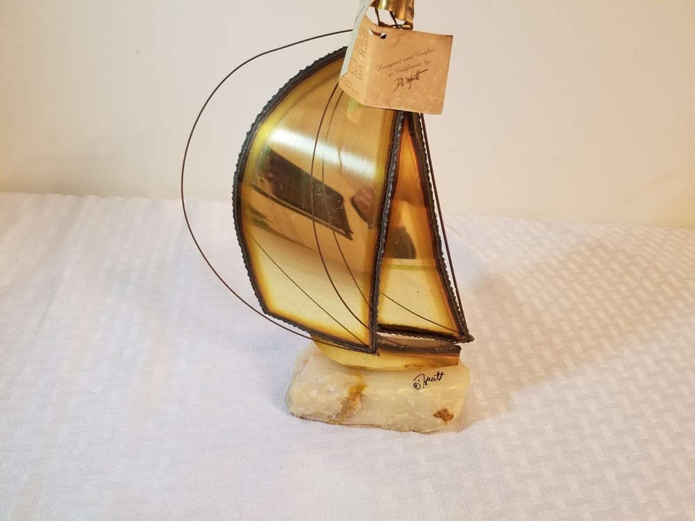 Demott 1975 Vintage Brass Sailboat Nautical Boat on Marble Base Artist Signed