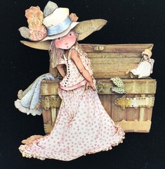 Holly Hobbie 1969 layered art playing dress up 8 X 9.5 unframed on black velvet