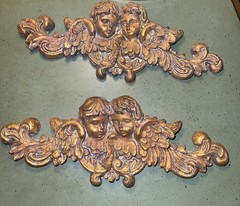 Pair of Antique gold wall pediments ft neoclassical cherubs – French