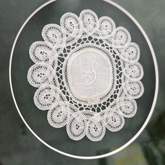 Antique Delicate Handmade White Lace “S” In A Gold Frame Ready to Hang, 10×10”