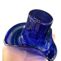 1980s Art Glass Hat Shaped Dish Bowl Clear Cobalt Blue Swirls Folded Edges VTG