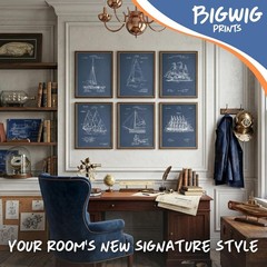 Nautical Wall Decor For Home, Sailboat Wall Art, Set of 6 Vintage Navy Blue P…