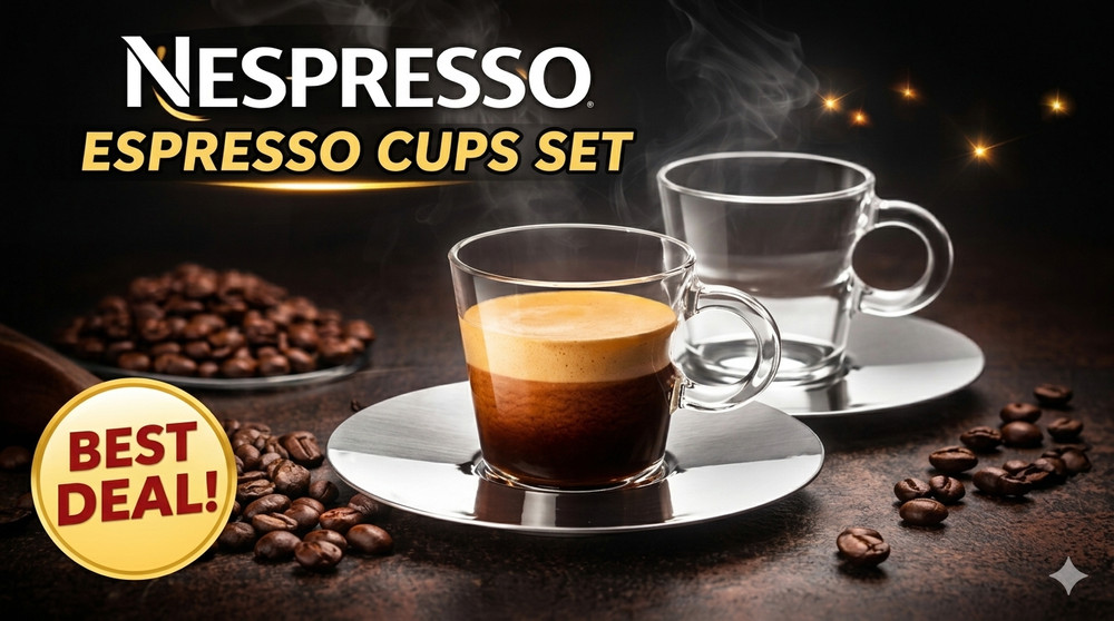 Pair of Nespresso View Collection Glass Expresso Cups & Stainless Steel Saucers
