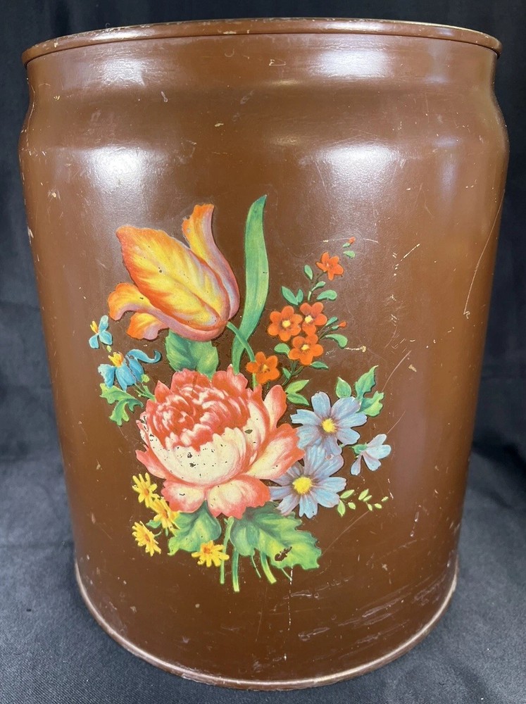 VTG Hand Painted CANCO Toleware Metal Trashcan / Can Floral Roses Brown 13”