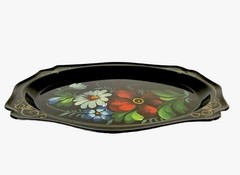Vintage Hand Painted Floral Oval Trinket Dish Black Gold Folk Art Decor