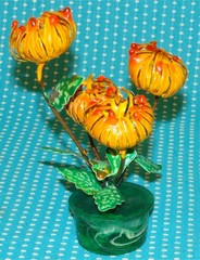 2 Unusual Vtg Enameled Metal Orange Flower Sculptures 6” Arrangement Closed