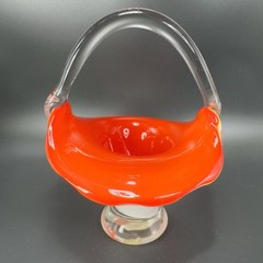 Vintage 1980s Venetian Art Glass Basket Bowl With Handle Red White Art Glass VTG