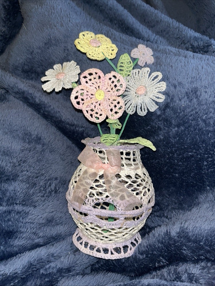 Handmade Starched Flowers In Vase, French Country, Cottage