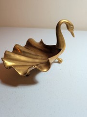 Vintage Heavy Brass Copper Swan Sculptural Bowl Patinaed