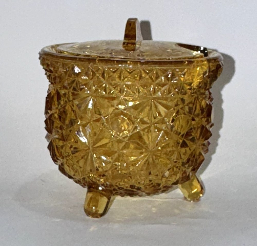 EAPG Glass 3 Footed Bowl Amber Daisy & Button Cauldron Dish with lid 3” VTG