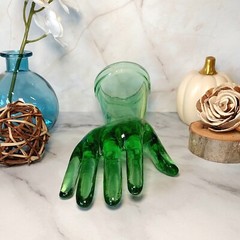 Green Depression Style Glass Hand Ring Holder, Jewelry Box, VTG Style, Retro