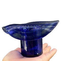 1980s Art Glass Hat Shaped Dish Bowl Clear Cobalt Blue Swirls Folded Edges VTG