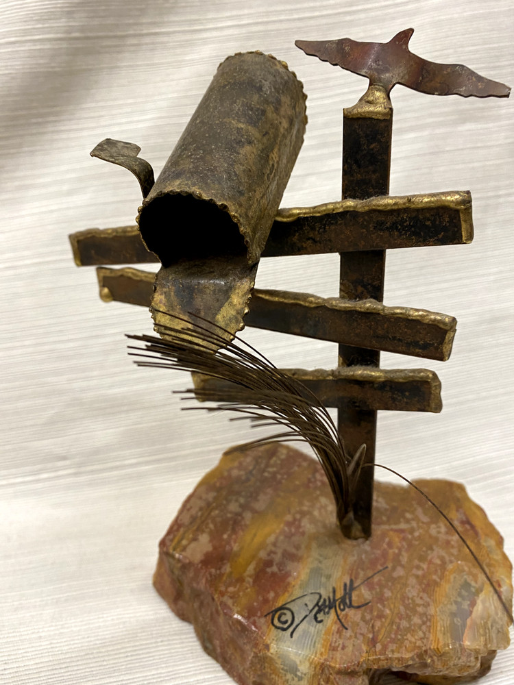 Handcrafted John DeMott Brass Mailbox on Onyx Base With Bird Sculpture