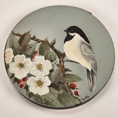 2 VTG Hand Painted Round Wood Lid Dogwood Berries Chickadee Bird Farmhouse Decor