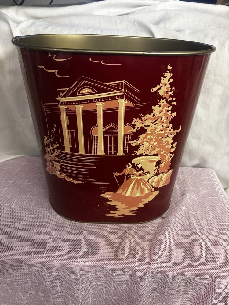 Vintage Harvell Metal Trash Waste Can Rare Victorian Colonial Scene Plantation
