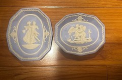 Vintage Blue Jasperware Trinket Dishes Neoclassical Cherub Cameo Trays Pair