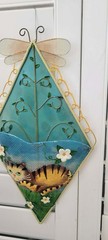 VTG 1990’s Hand-Painted Cat Wall Pocket, Tin w/Metal Mesh & Dragonfly Accents