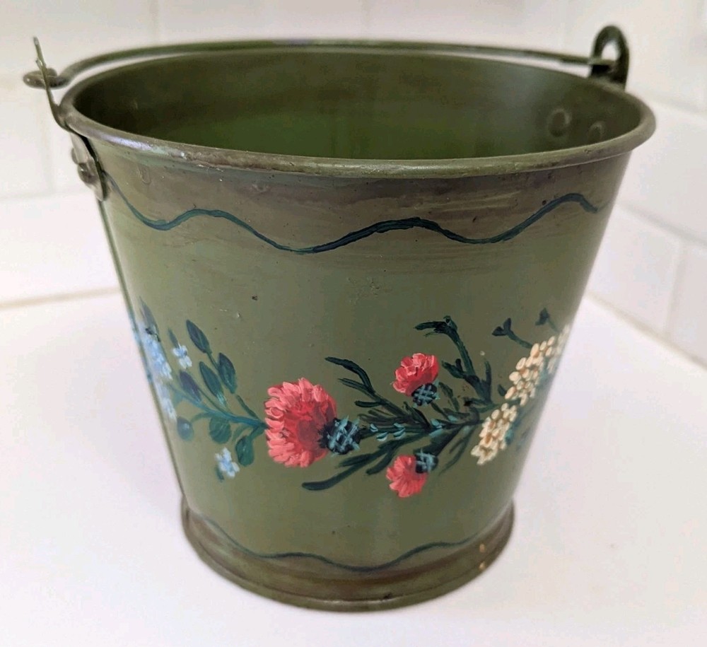 Vintage 1980 Green Toleware Metal Bucket With Hand Painted Flowers Signed