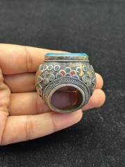 Rare Islamic Writing Turquoise Ring Silver Plated Afghanistan Origin Size 9 US