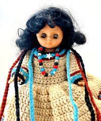 Vtg Fibre Craft Materials Doll w/ Traditional Folk Crochet w/ Beads Dress 1988