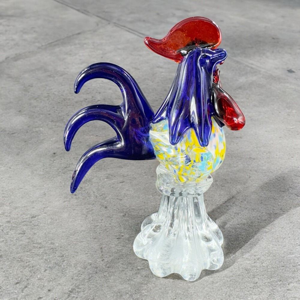 Heavy Art Glass Rooster Chicken Figurine Decor Paperweight Multicolor Glass VTG