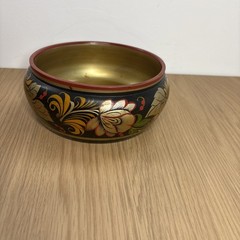 Russian Khokhloma wood Bowl Lid Pot, traditional hand-painted floral motifs Gold