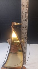 Vintage “Demott” Signed Metal Art 9″ Brass Sailboat Sculpture on Stone Base