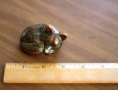 Sleeping FOX -Vintage Cloisonne Figurine w/ Beautiful Scroll Wood Display Stand
