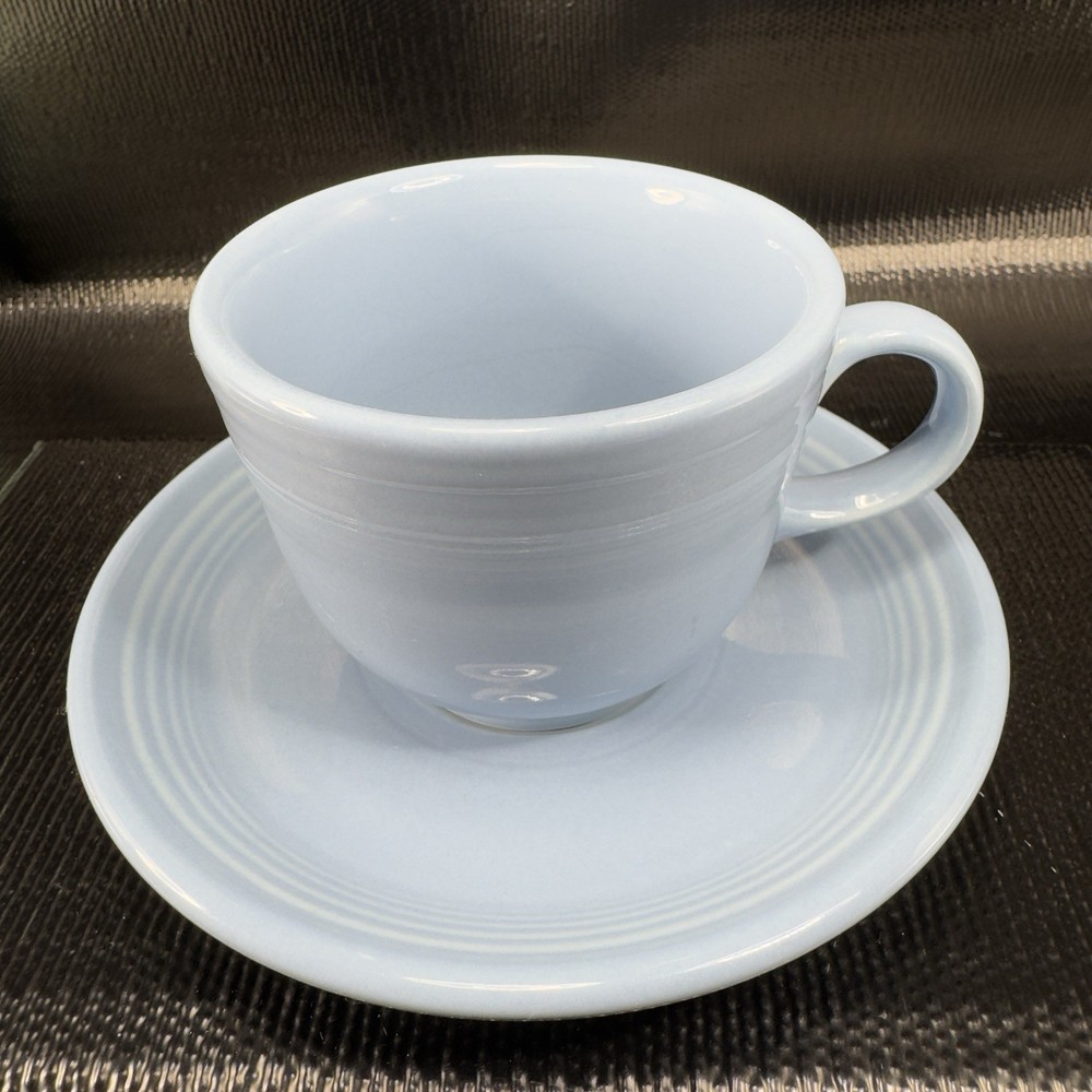 Fiestaware USA Pottery Periwinkle Blue Teacup And Saucer Set Stoneware Vintage