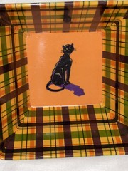 2 Adorable Square Checkered Halloween Hard Plastic Bowls ￼ Witch & Cat ￼