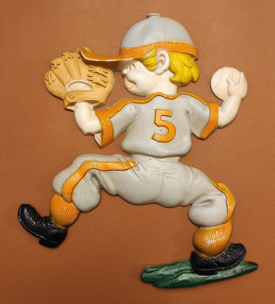 Vintage Sexton Boy Baseball Player Pitcher Wall Art Cast Metal Sports 10″ Tall