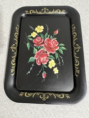 Vintage Black Metal Serving Trays Set of 6 Hand Painted Floral Rose Toleware Art