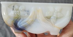 Vintage Akro Agate White Orange Blue Swirly Dish Made in USA 🇺🇸
