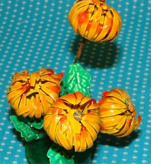 2 Unusual Vtg Enameled Metal Orange Flower Sculptures 6” Arrangement Closed