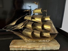 DeMott Signed Clipper Ship Brass & Marble Sculpture 10” High Vintage