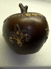 Rare Antique(?) Wood-Like Apple Decor w/Metal Brass Tone Accents