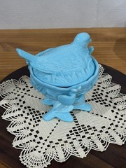 Westmoreland Robin Bird Dove on Nest Footed Bowl Dish & Lid Blue Milk Glass