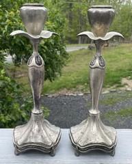 Pair of Antique – Vintage Art Nouveau Silver Tone Candlestick Holders Victorian