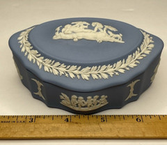 Wedgwood Blue Jasperware Oval Trinket Box Lid Scalloped Cherubs Dogs