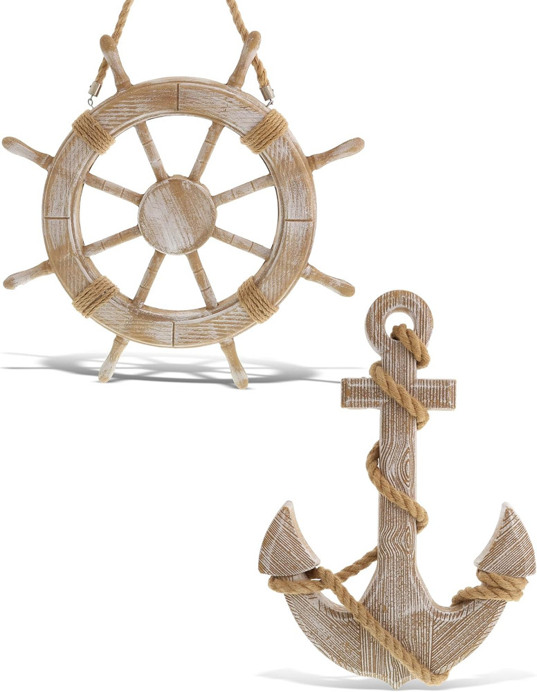 Baja Beach Wall Decor Anchor and Ship Wheel Set – Handmade and Crafted Wooden An