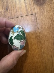 Vtg Cloisonne Enamel Egg On Wooden Stand Blue Bird & Floral