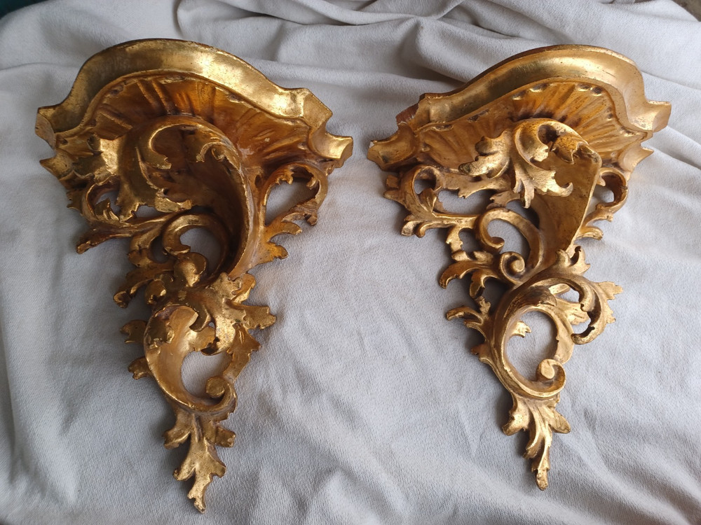ANTIQUE VINTAGE ITALY FLORENTINE ROCOCO CARVED WOOD GOLD GILT WALL SHELF SET