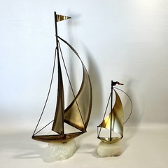 2 Vtg De Mott Brass & Copper Sailboats Art Sculpture Onyx Bases Nautical EVC