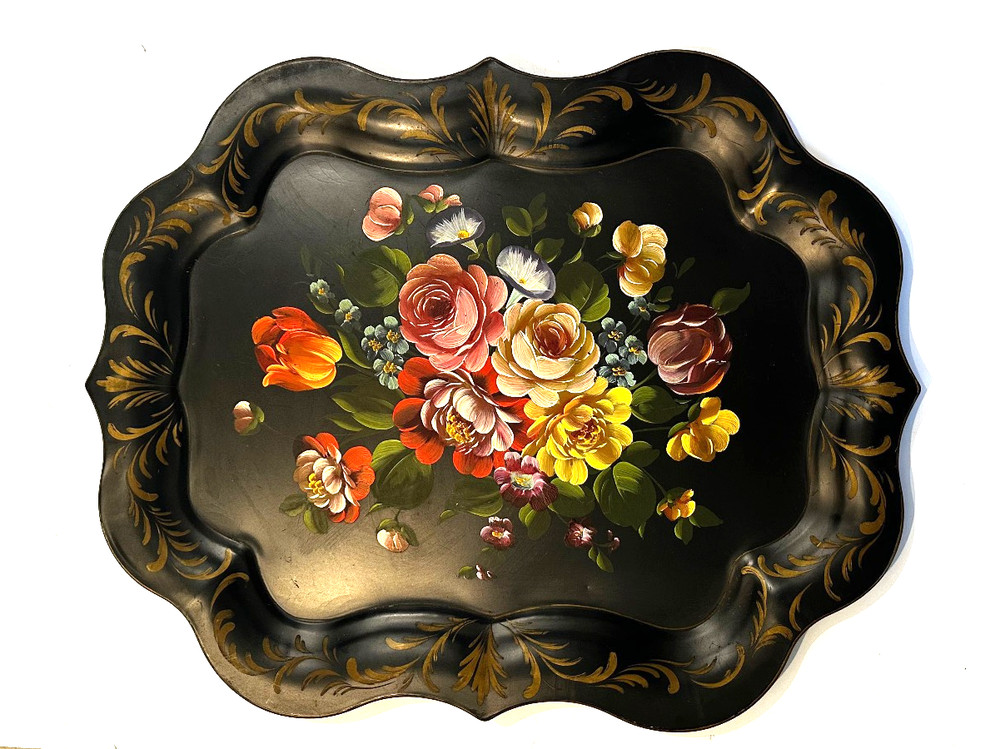 Large Vintage Black Metal Toleware Tray Hand Painted floral serving tray 25 x 20