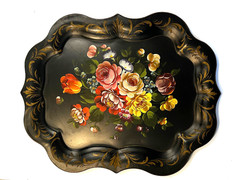 Large Vintage Black Metal Toleware Tray Hand Painted floral serving tray 25 x 20