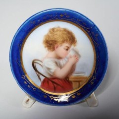 Miniature Portrait Paintings 2 Blue Plate of Children Drinking Tea Eating Cookie